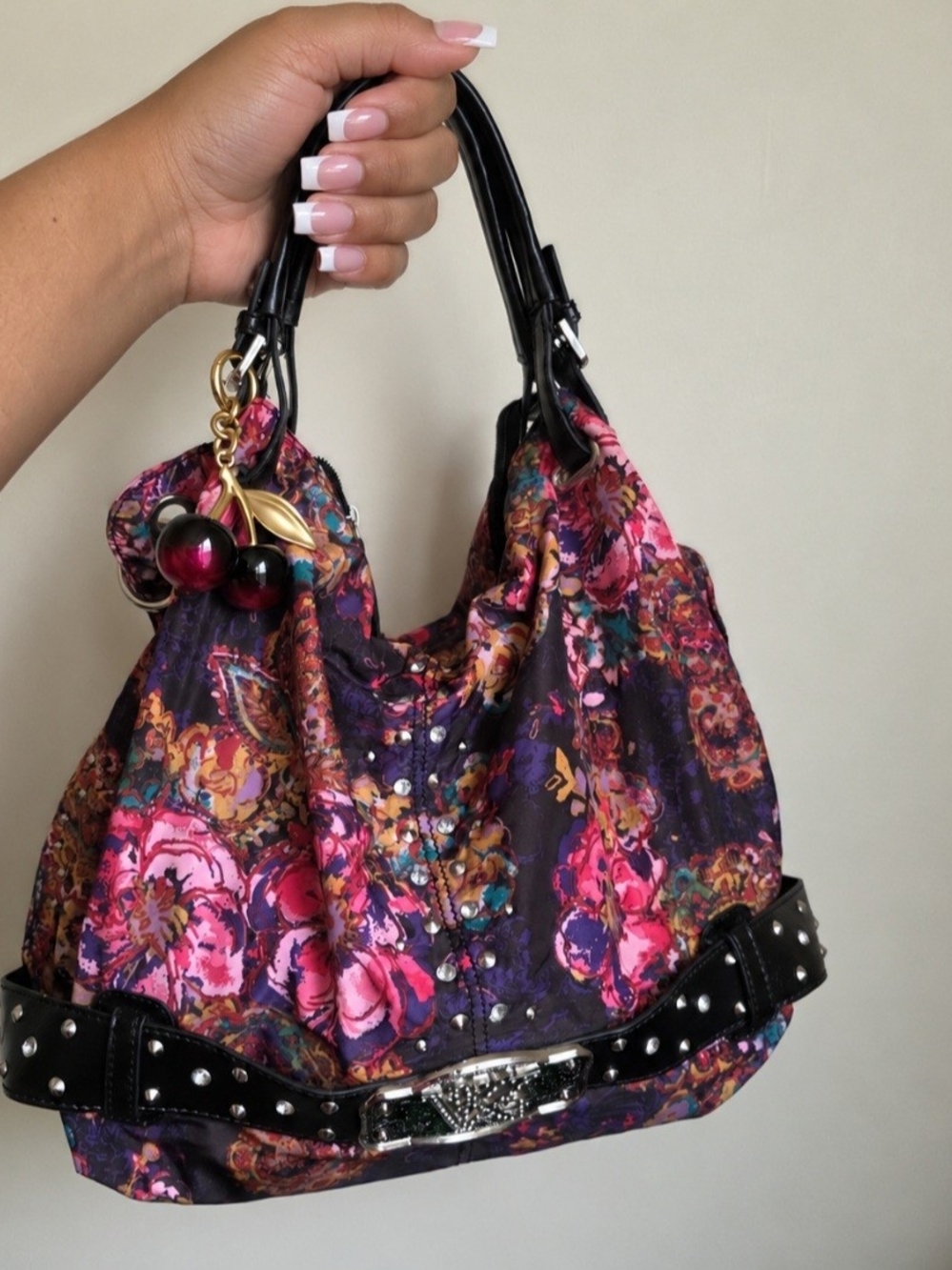 Kathy Van Zeeland Floral Studded Hobo Bag with Cherry Charm - Pink & Purple
